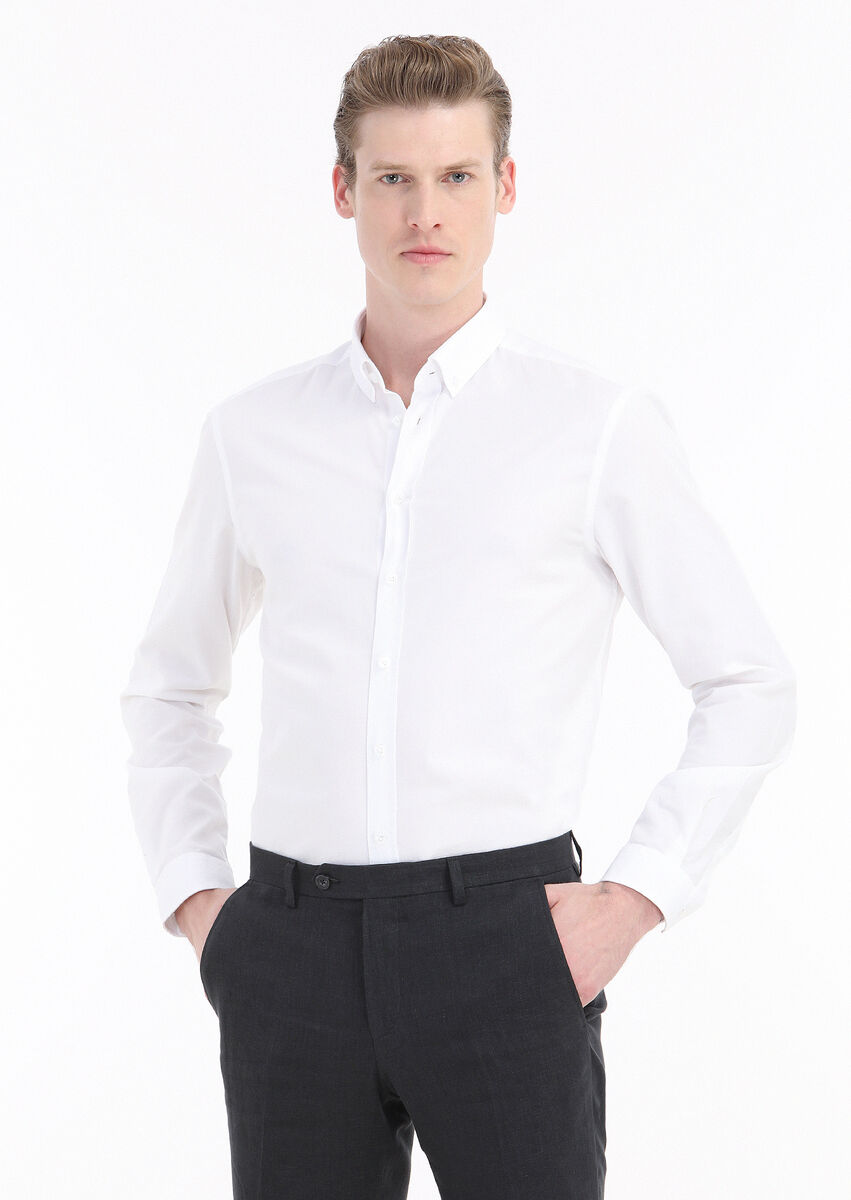 White Plain Regular Fit Weaving Casual 100% Cotton Shirt - 2