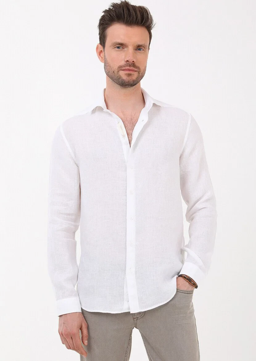 White Plain Regular Fit Weaving Casual 100% Linen Shirt - 2