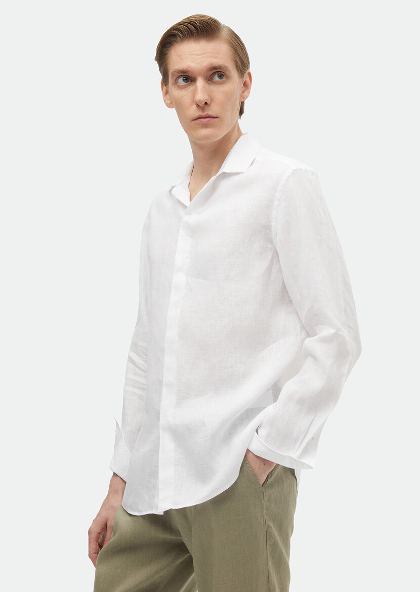 White Plain Regular Fit Weaving Casual 100% Linen Shirt - 2