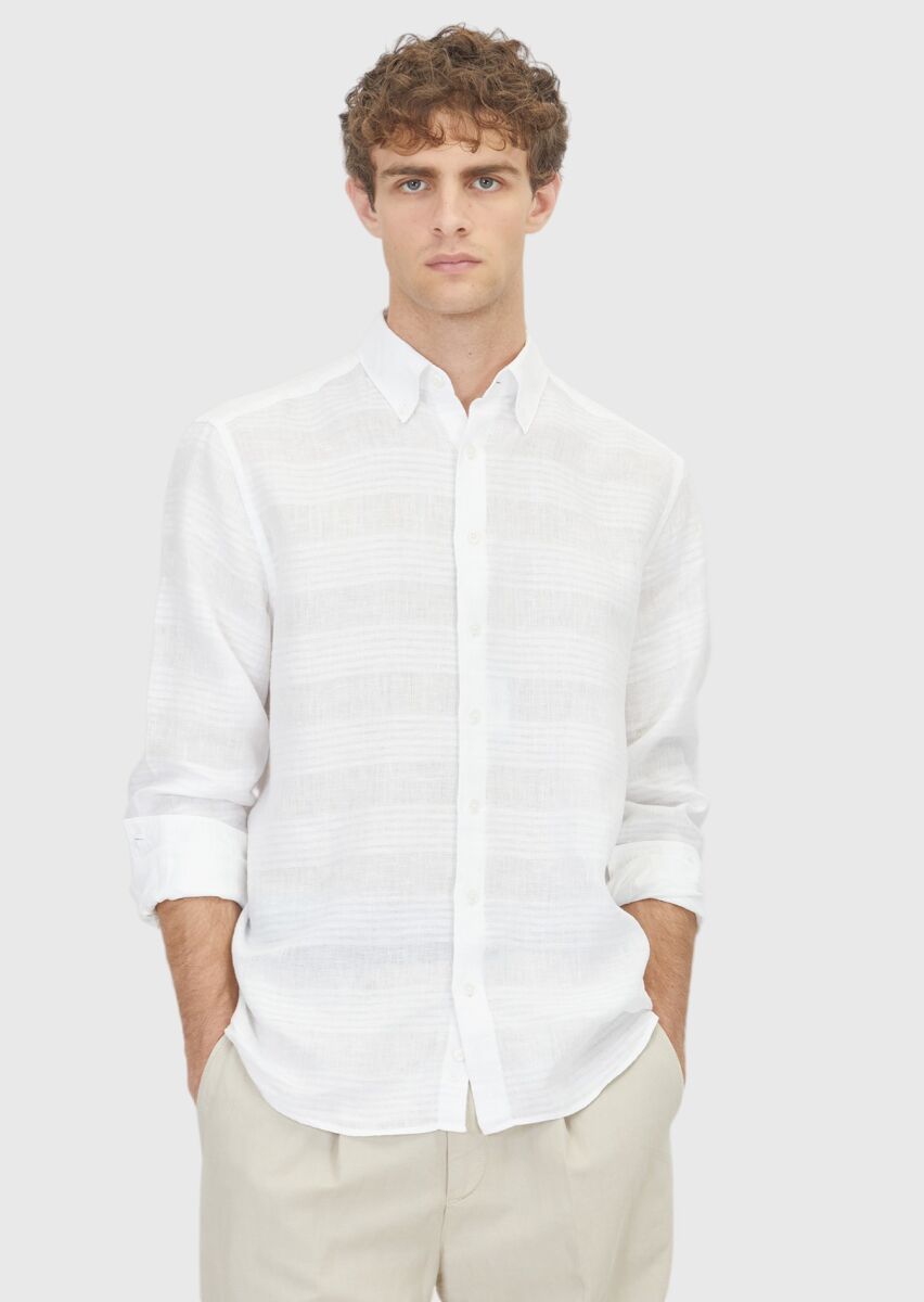White Plain Regular Fit Weaving Casual 100% Linen Shirt - 1