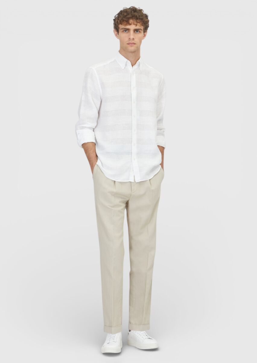 White Plain Regular Fit Weaving Casual 100% Linen Shirt - 2