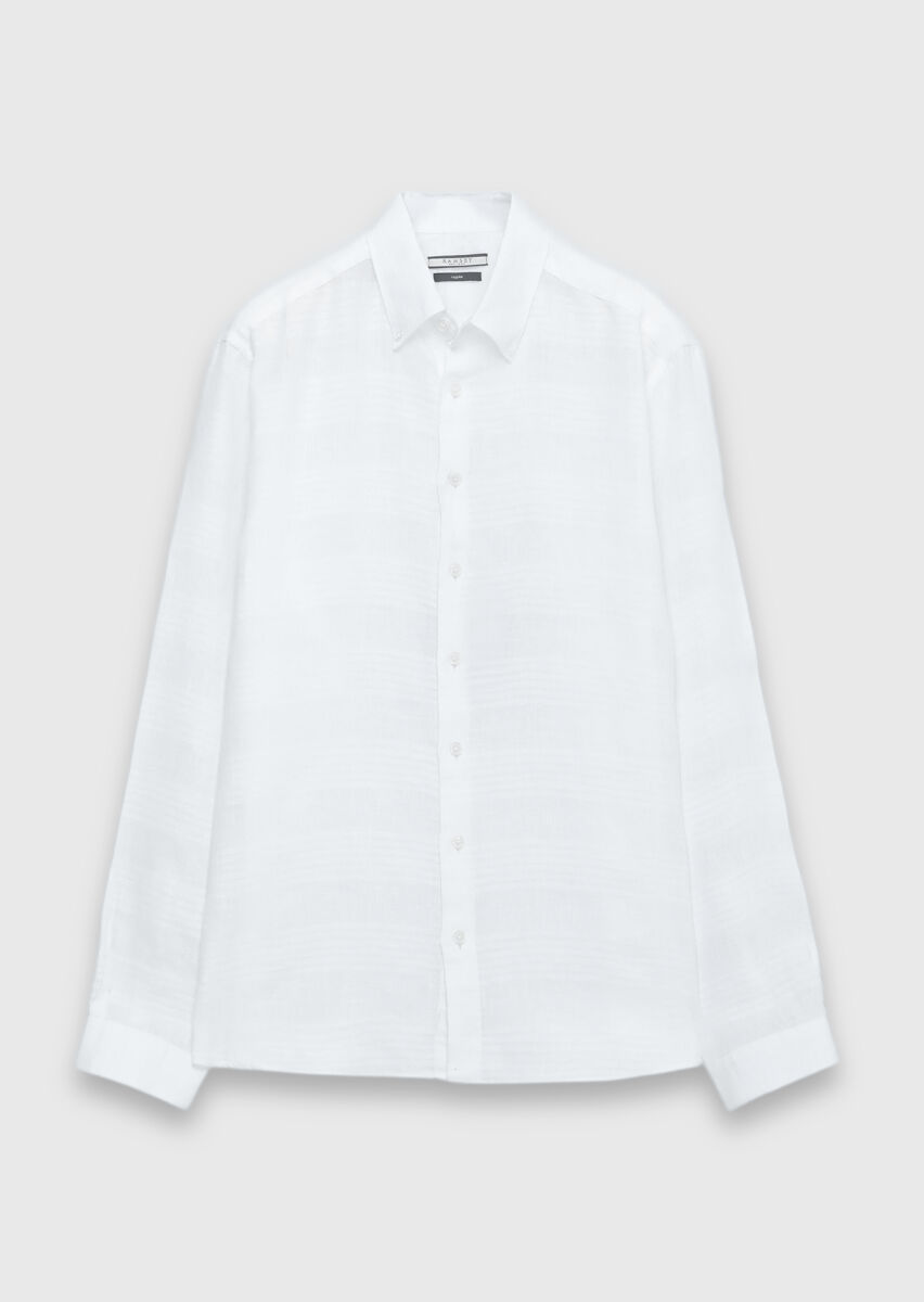 White Plain Regular Fit Weaving Casual 100% Linen Shirt - 7