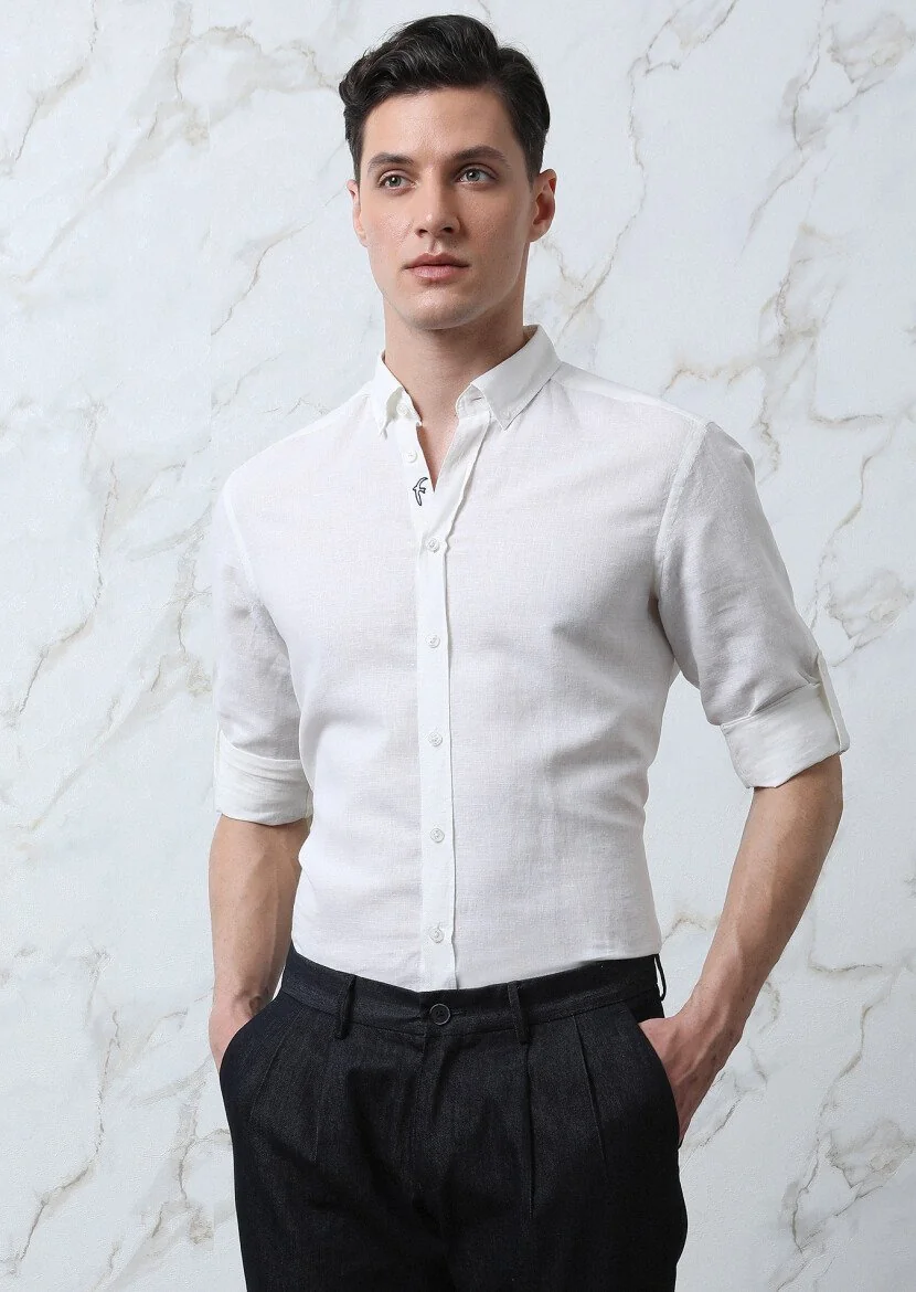 White Plain Regular Fit Weaving Casual Cotton Blended Shirt 
