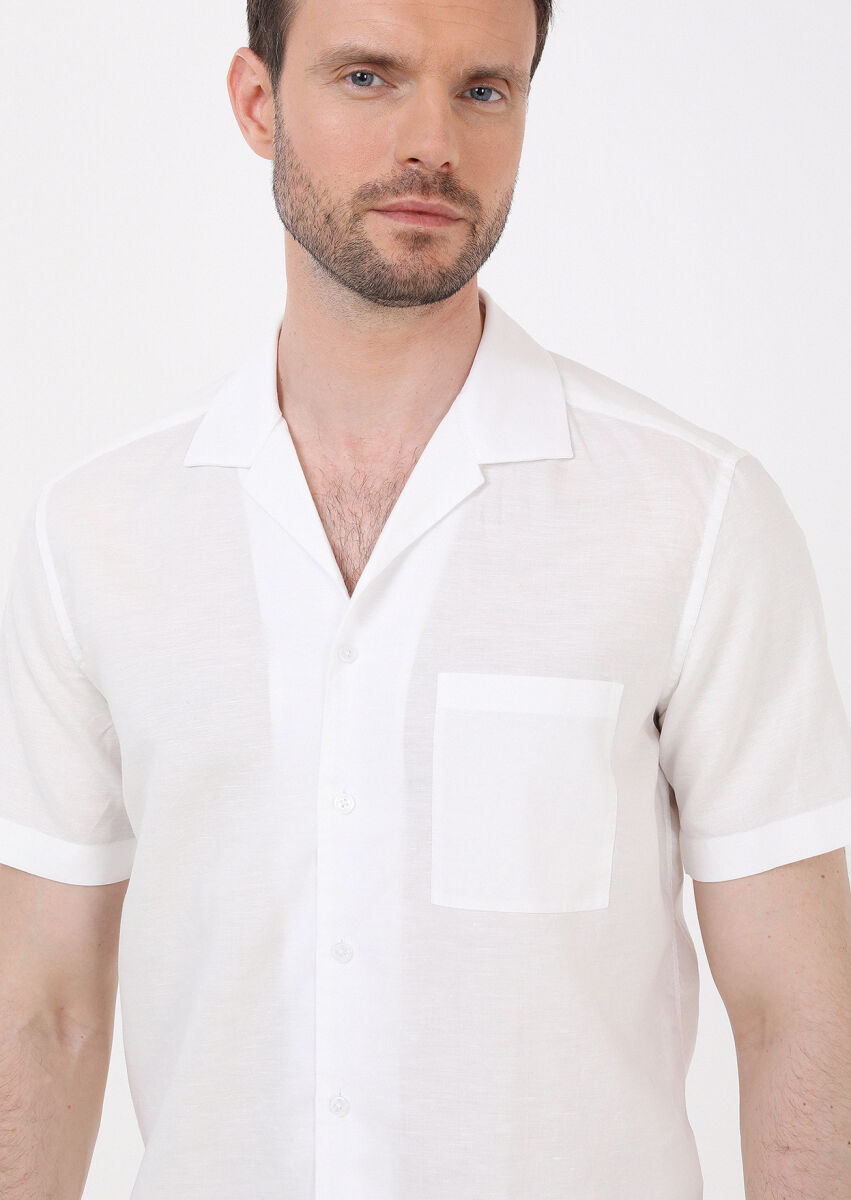 White Plain Regular Fit Weaving Casual Cotton Blended Shirt - 2