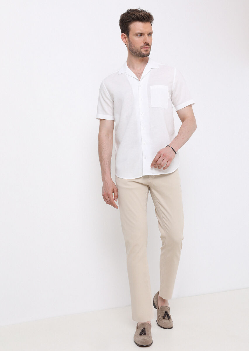 White Plain Regular Fit Weaving Casual Cotton Blended Shirt - 3