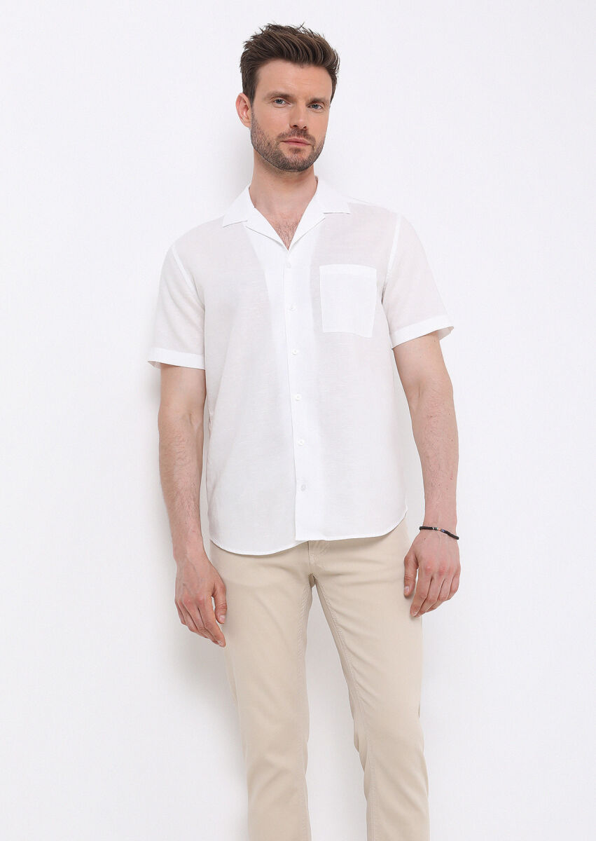 White Plain Regular Fit Weaving Casual Cotton Blended Shirt - 4