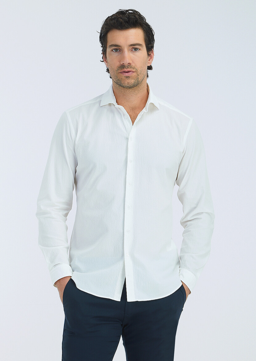 White Plain Regular Fit Weaving Casual Cotton Blended Shirt - 2