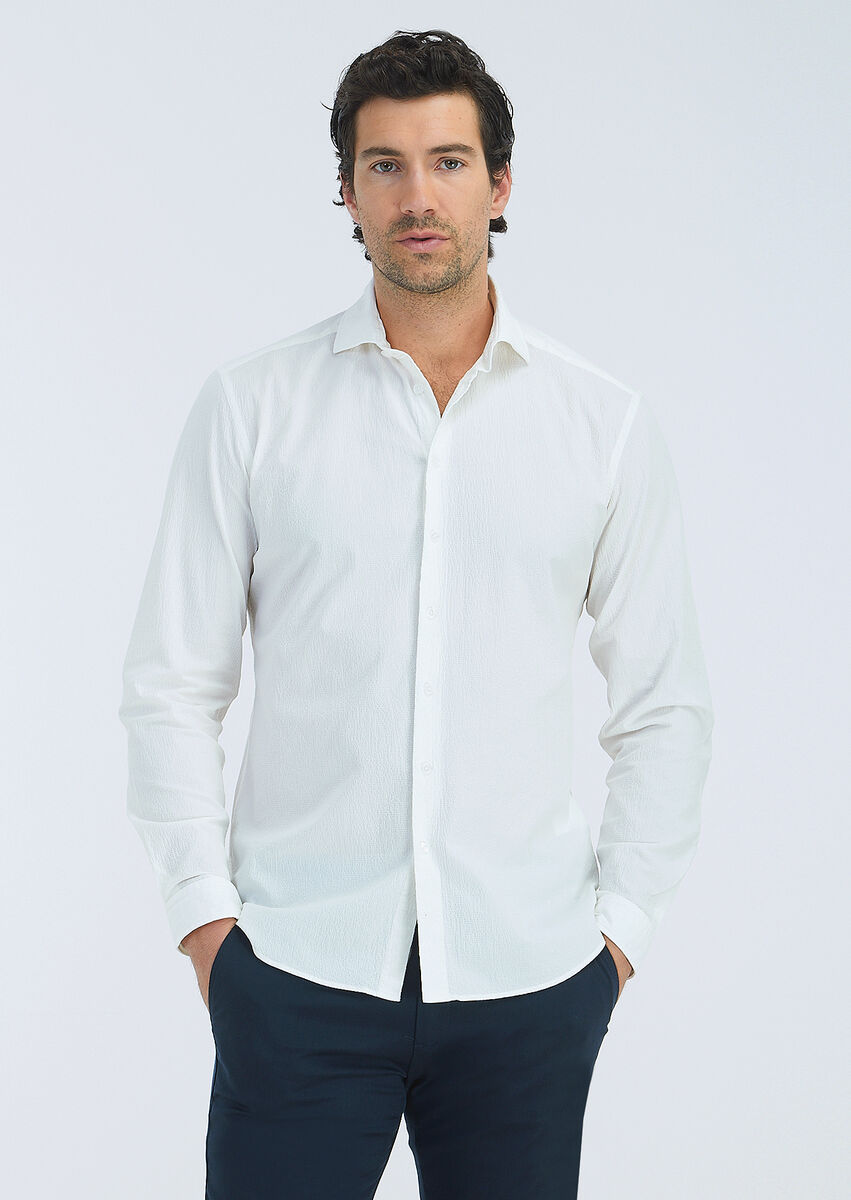 White Plain Regular Fit Weaving Casual Cotton Blended Shirt - 2