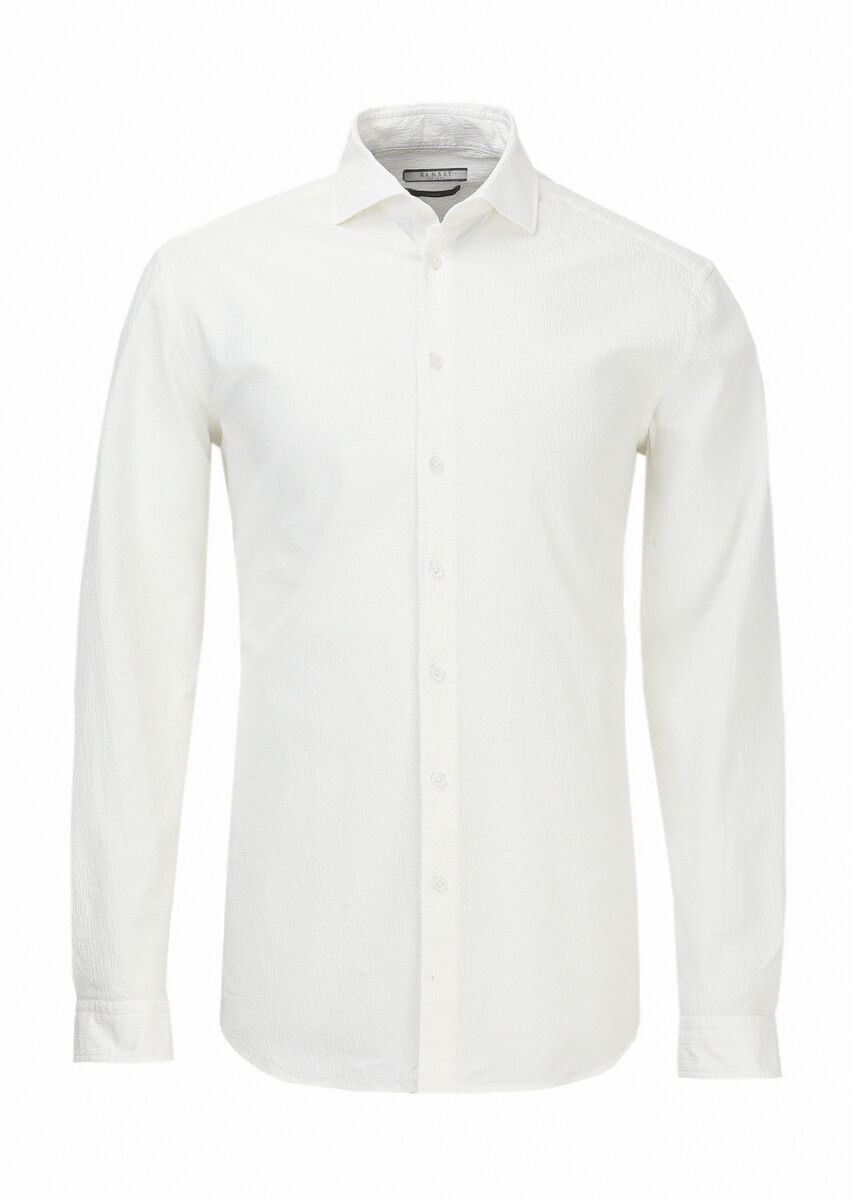 White Plain Regular Fit Weaving Casual Cotton Blended Shirt - 5