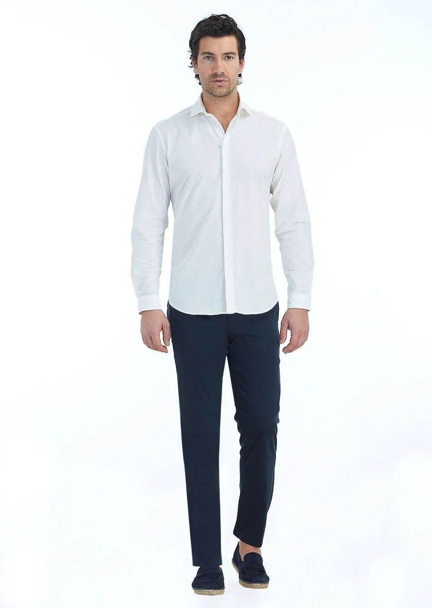 White Plain Regular Fit Weaving Casual Cotton Blended Shirt - 1