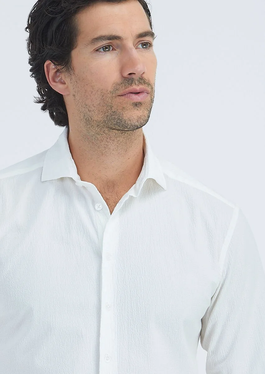 White Plain Regular Fit Weaving Casual Cotton Blended Shirt - 3