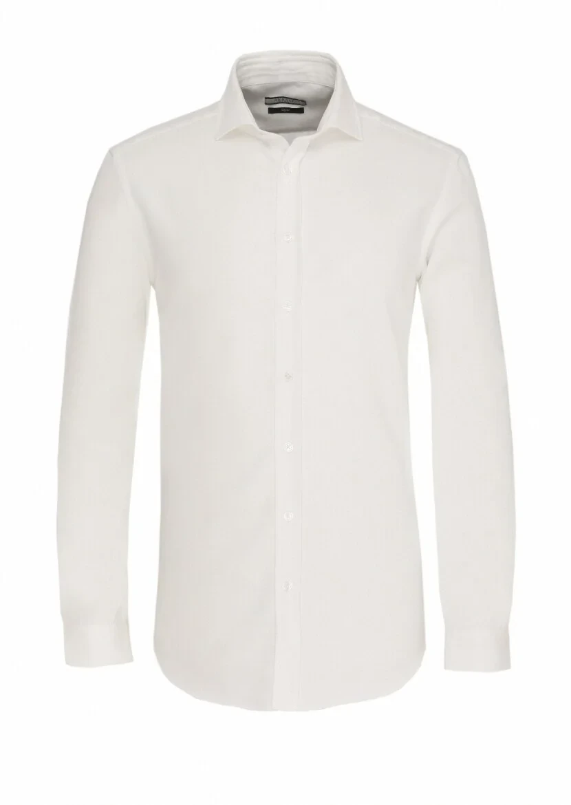 White Plain Regular Fit Weaving Casual Cotton Blended Shirt - 1
