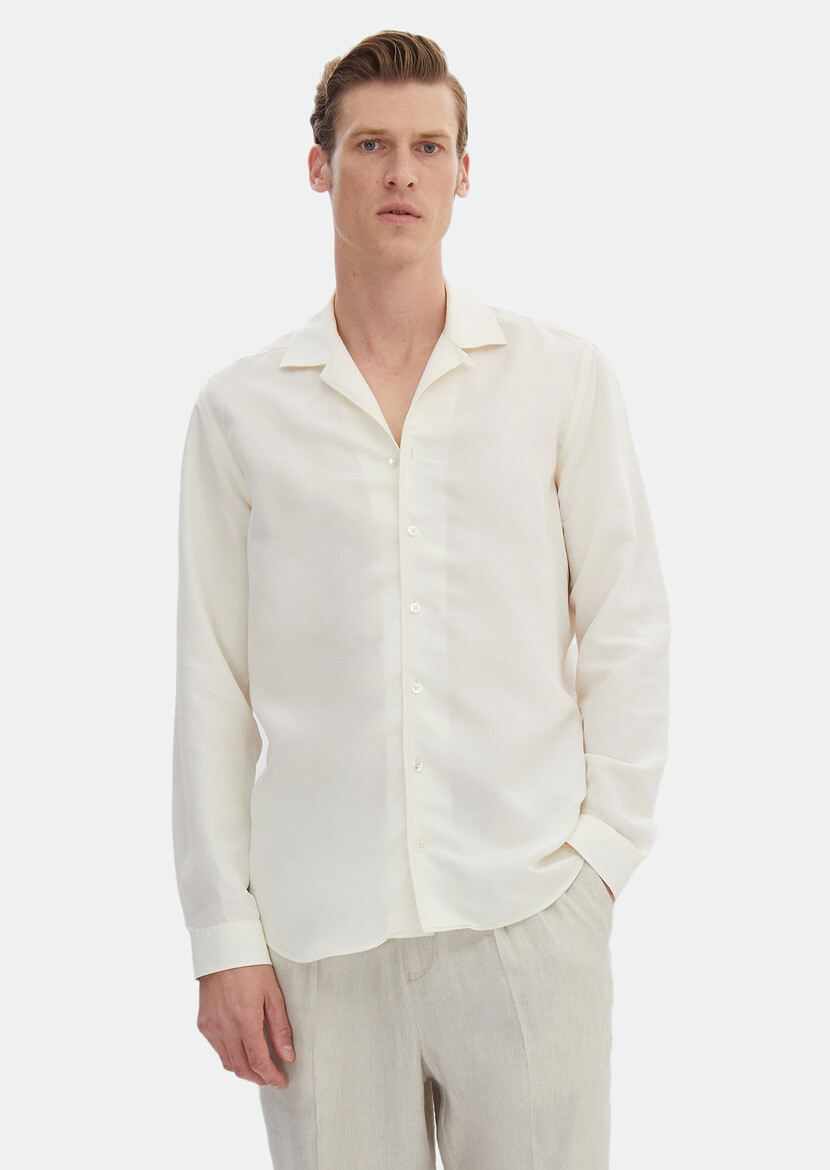 White Plain Regular Fit Weaving Casual Linen Blended Shirt - 3