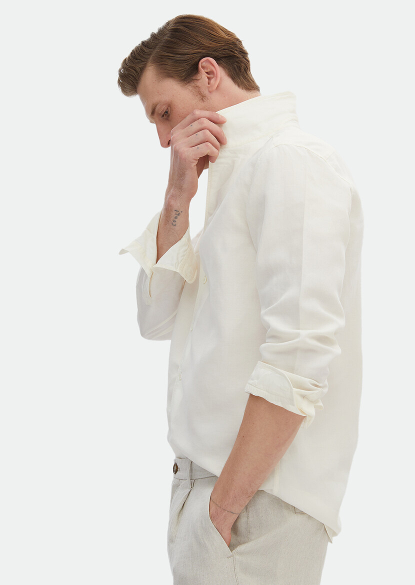 White Plain Regular Fit Weaving Casual Linen Blended Shirt - 6