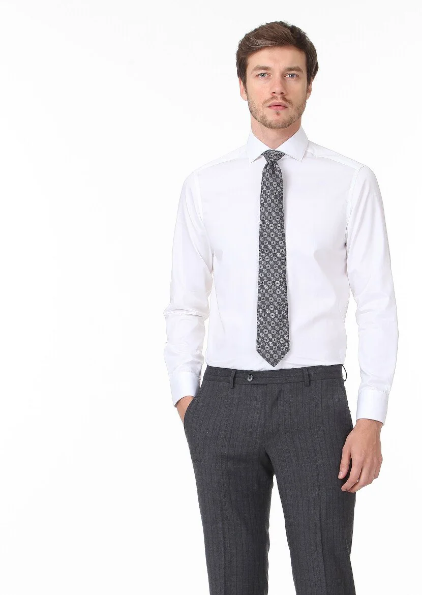 White Plain Regular Fit Weaving Classical 100% Cotton Shirt - 3