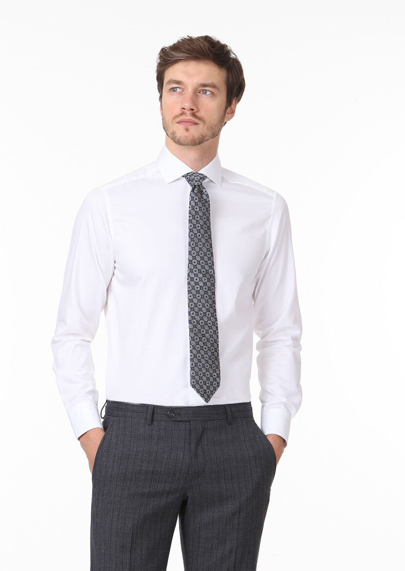 White Plain Regular Fit Weaving Classical 100% Cotton Shirt - 1