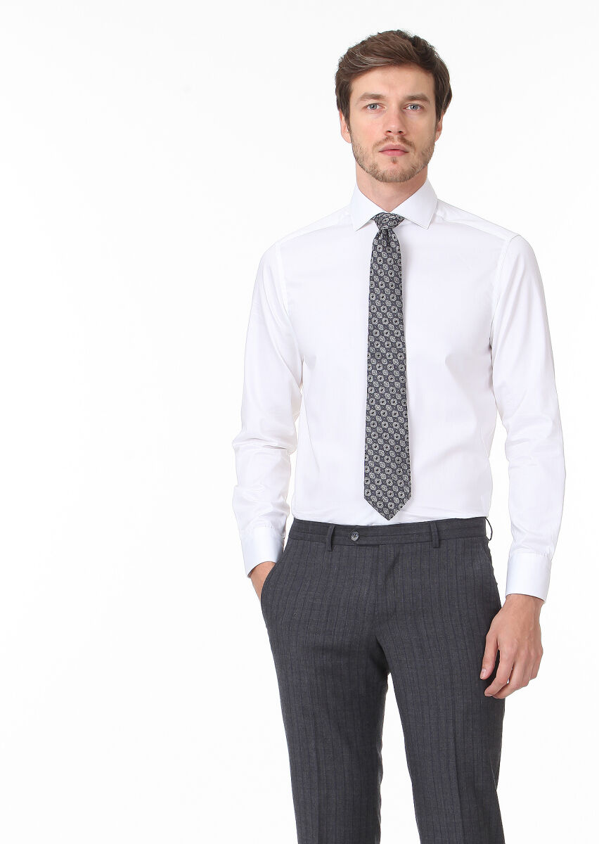 White Plain Regular Fit Weaving Classical 100% Cotton Shirt - 3