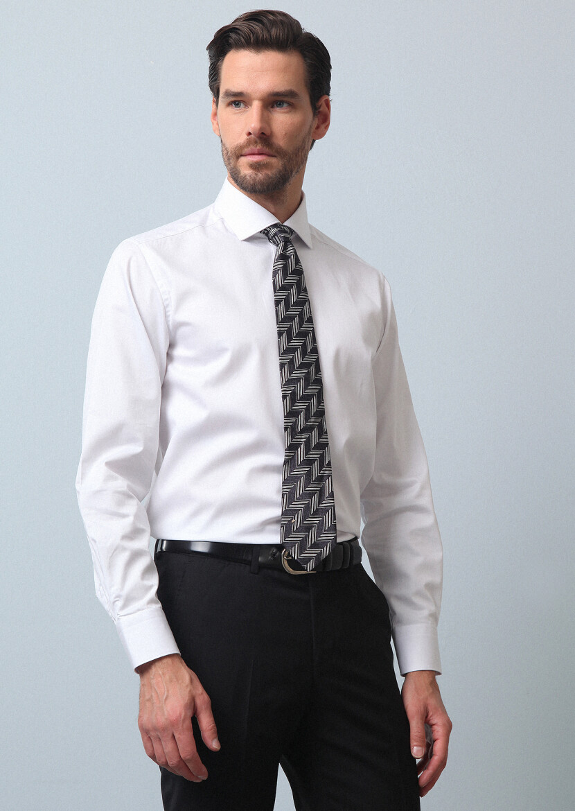 White Plain Regular Fit Weaving Classical 100% Cotton Shirt - 1