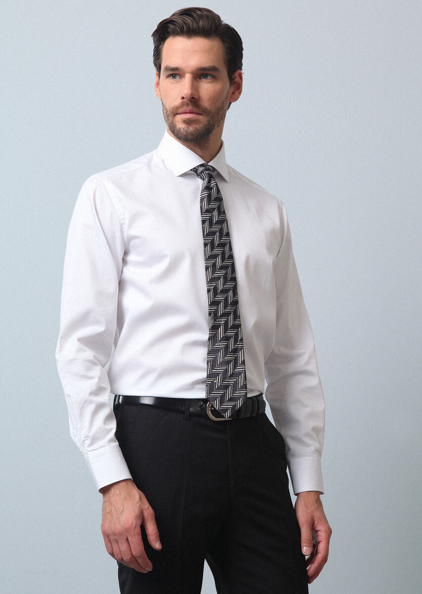 White Plain Regular Fit Weaving Classical 100% Cotton Shirt - 1