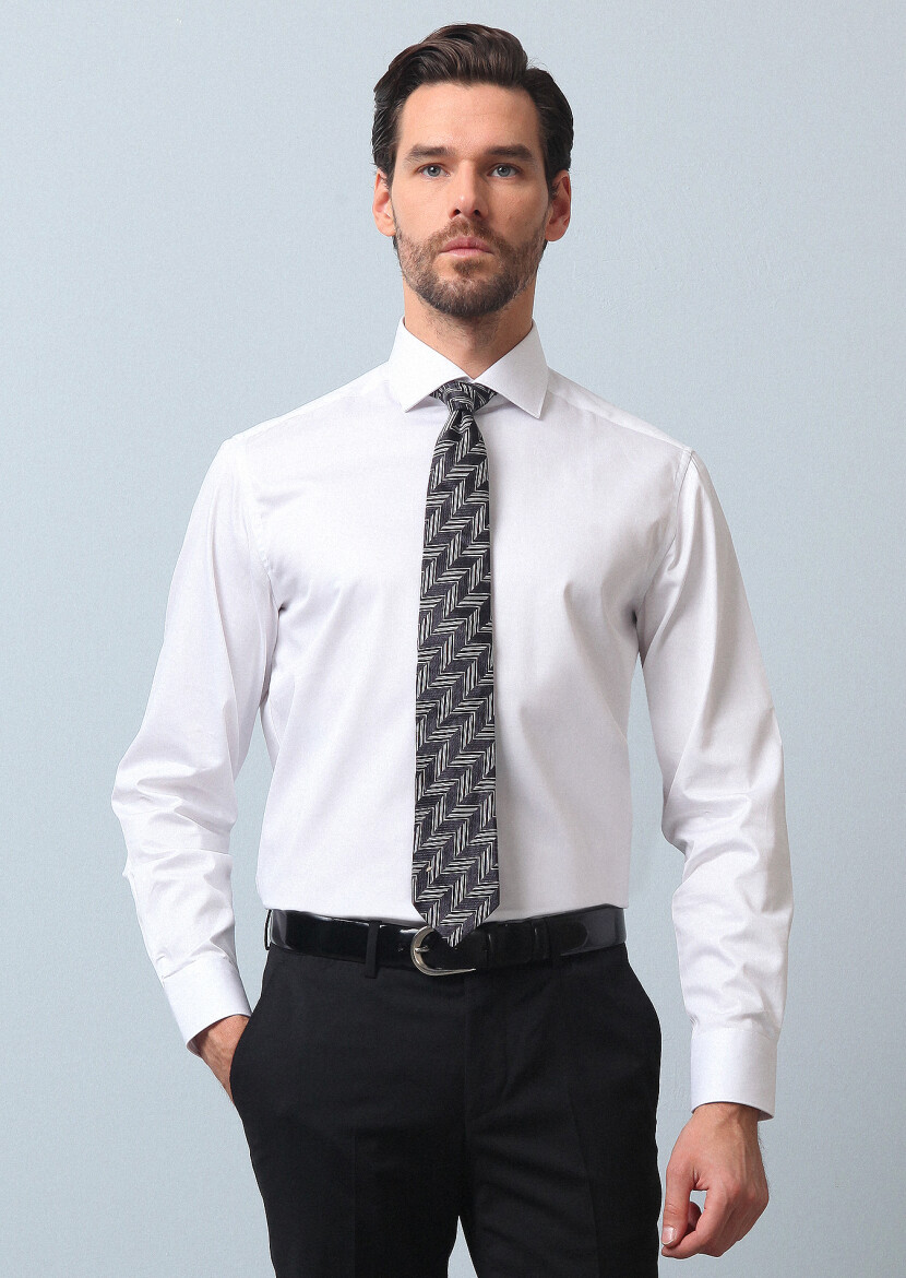 White Plain Regular Fit Weaving Classical 100% Cotton Shirt - 3