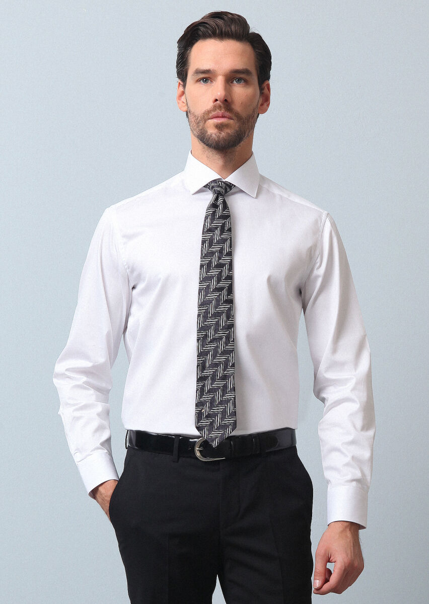 White Plain Regular Fit Weaving Classical 100% Cotton Shirt - 3