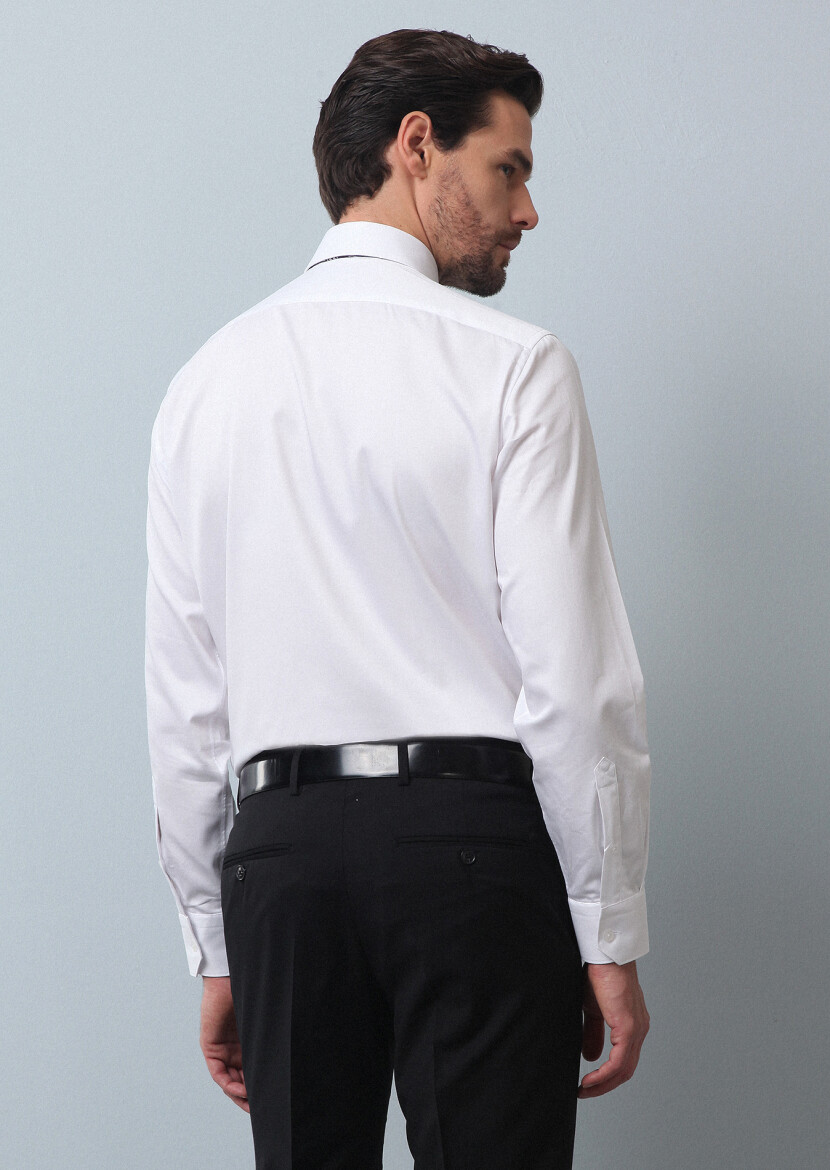 White Plain Regular Fit Weaving Classical 100% Cotton Shirt - 5