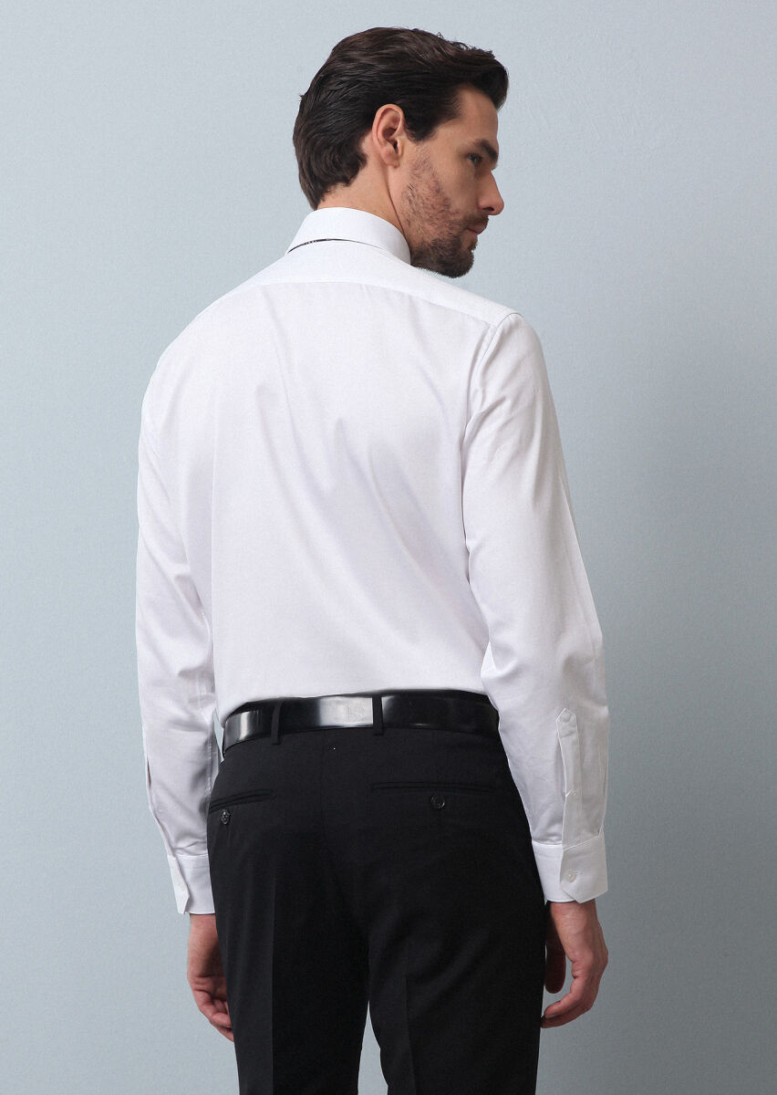 White Plain Regular Fit Weaving Classical 100% Cotton Shirt - 5