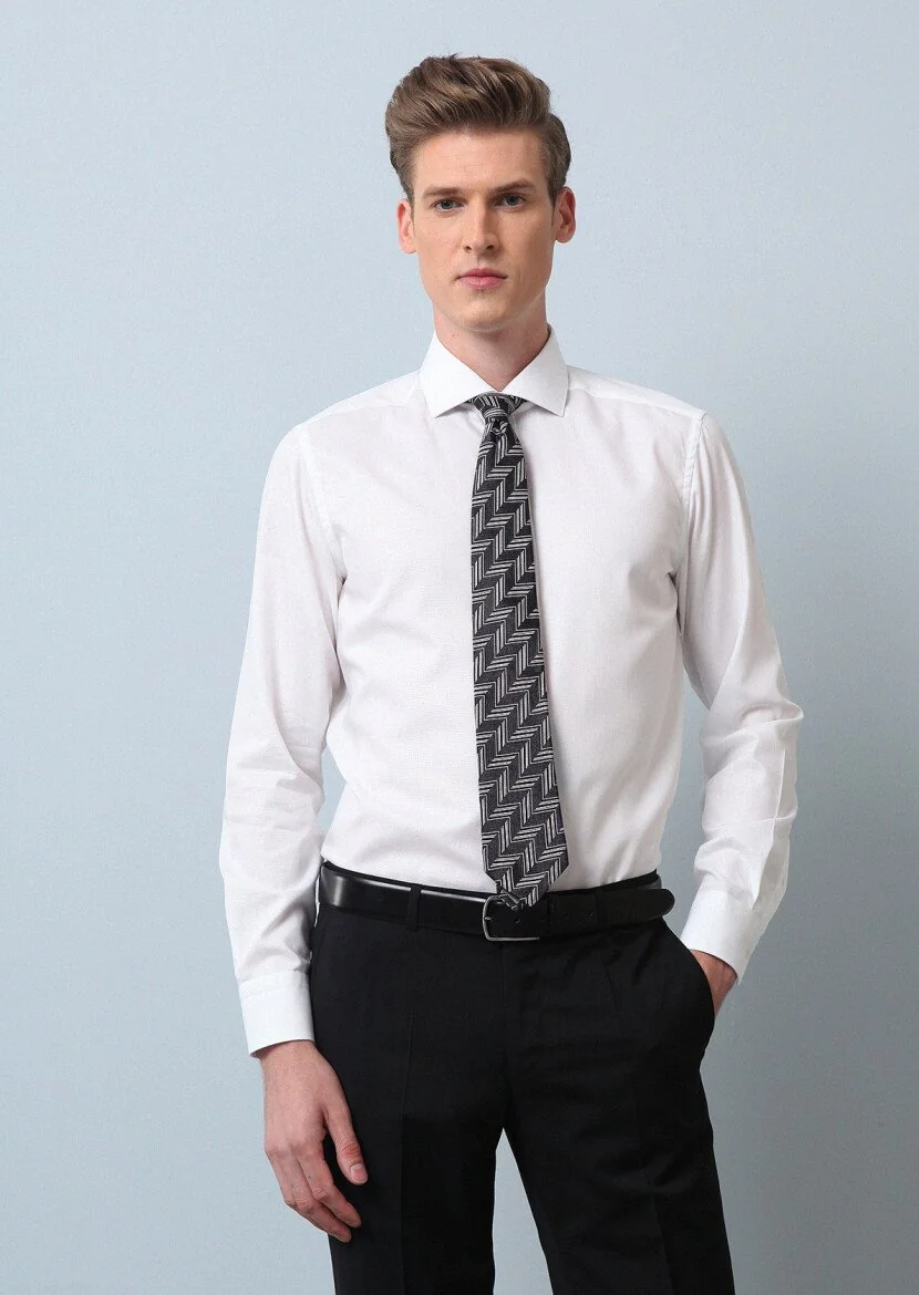 White Plain Regular Fit Weaving Classical 100% Cotton Shirt - 3