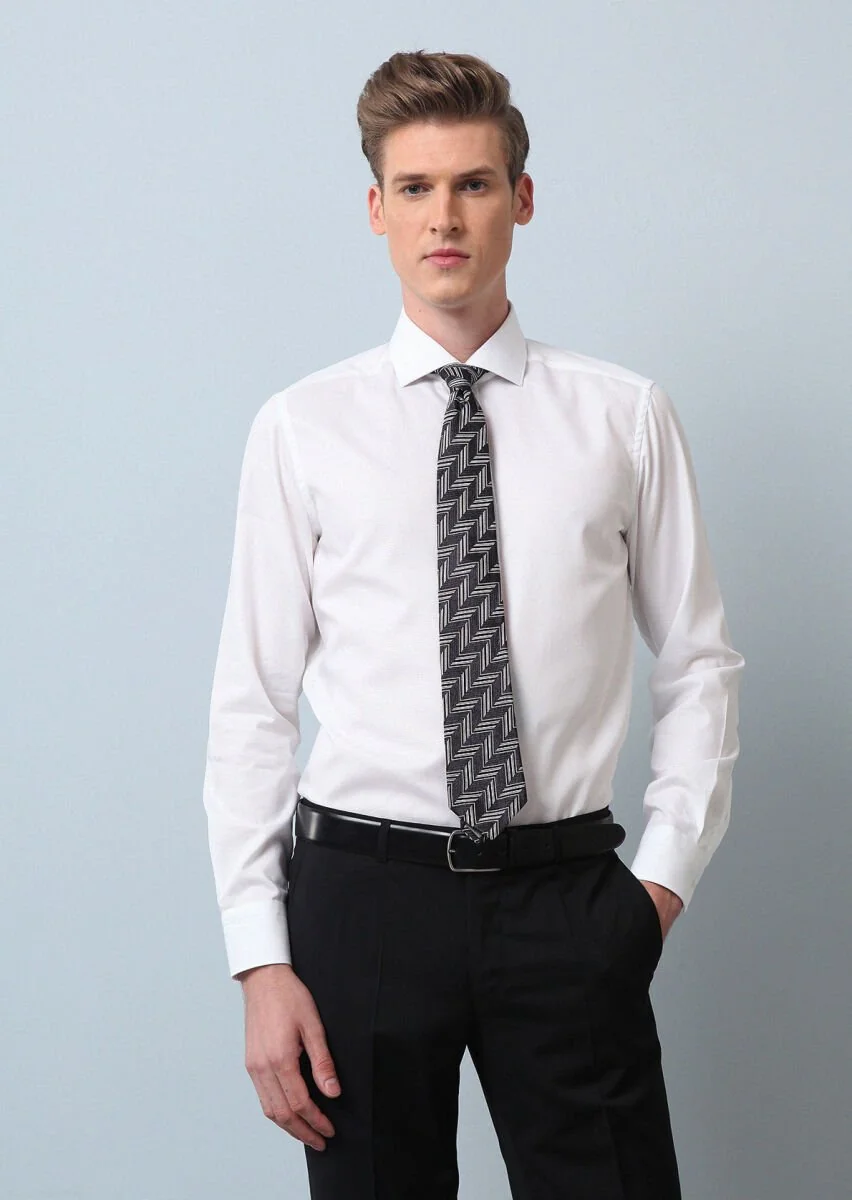 White Plain Regular Fit Weaving Classical 100% Cotton Shirt - 3