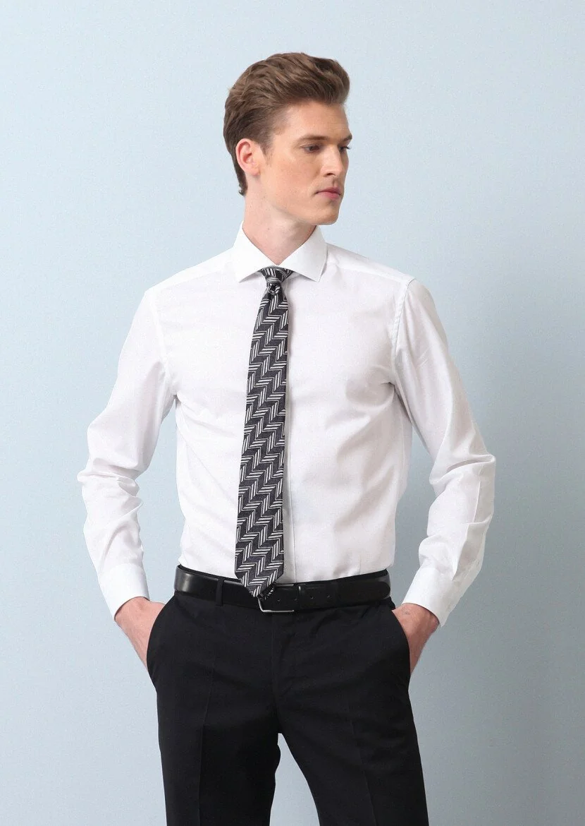 White Plain Regular Fit Weaving Classical 100% Cotton Shirt - 4