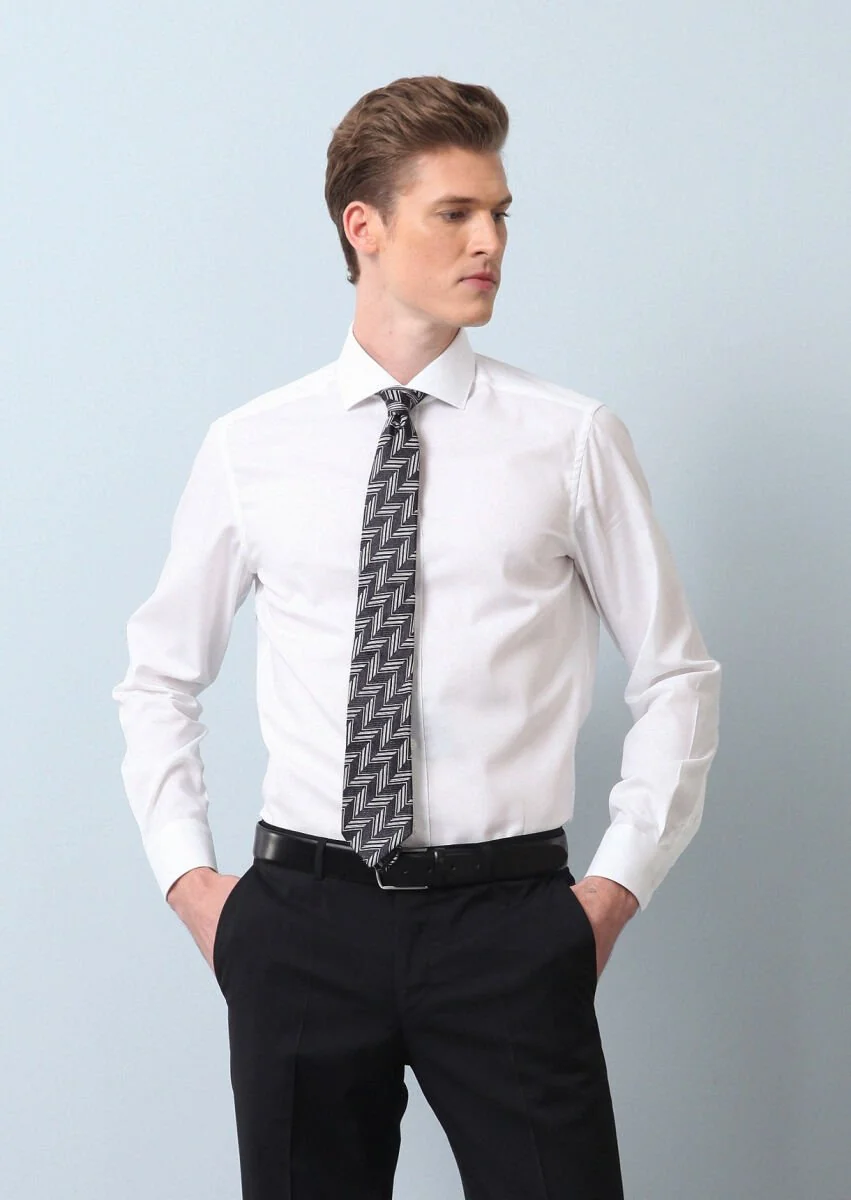 White Plain Regular Fit Weaving Classical 100% Cotton Shirt - 4