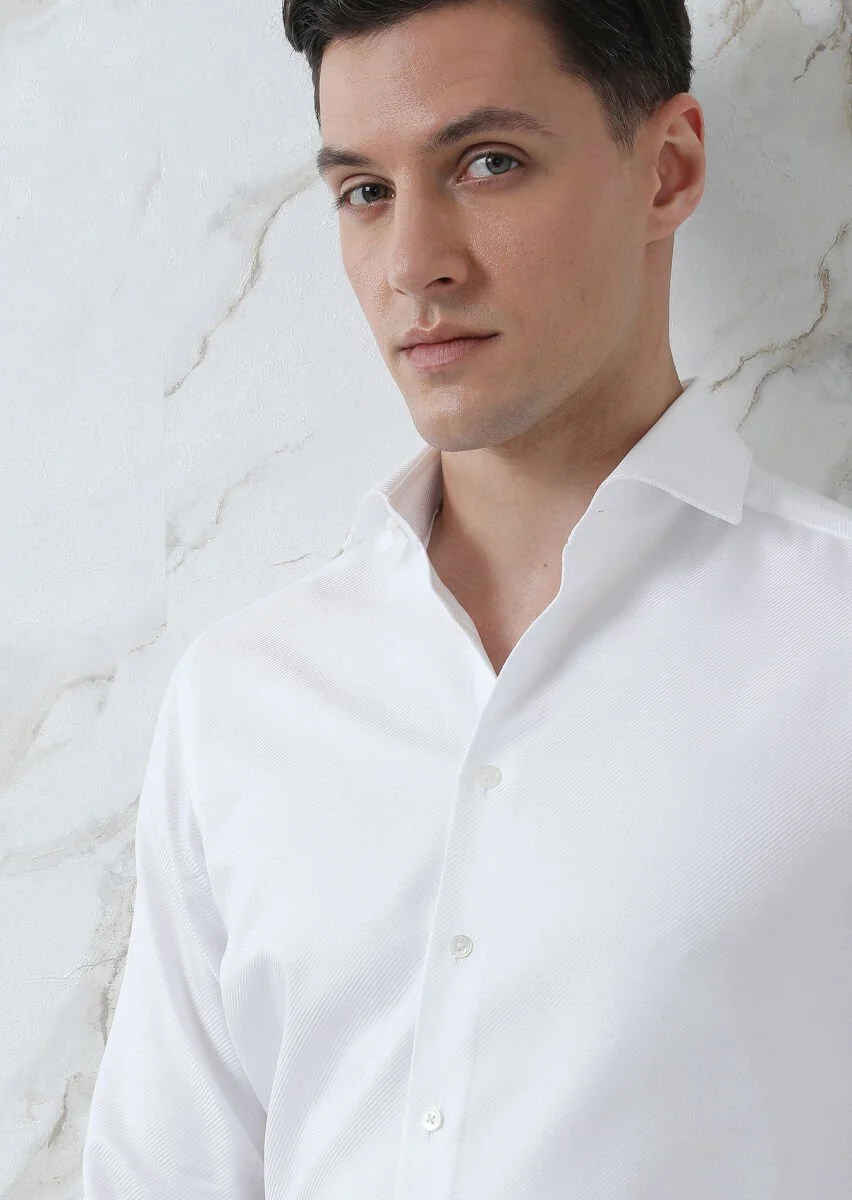 White Plain Regular Fit Weaving Classical 100% Cotton Shirt - 2