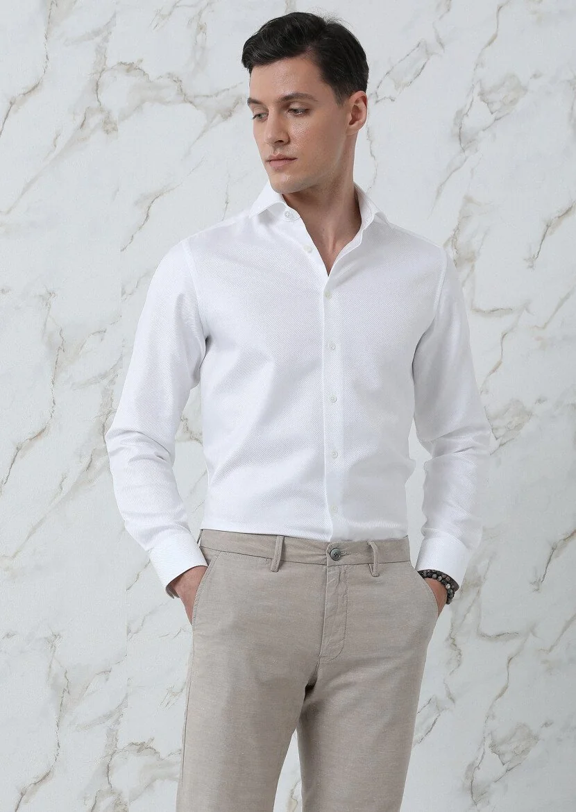 White Plain Regular Fit Weaving Classical 100% Cotton Shirt - 3