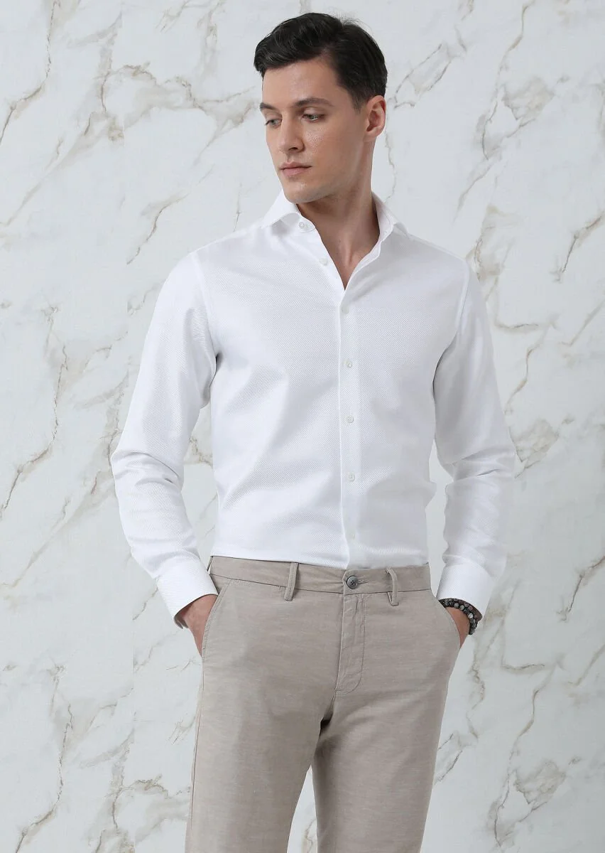 White Plain Regular Fit Weaving Classical 100% Cotton Shirt - 3