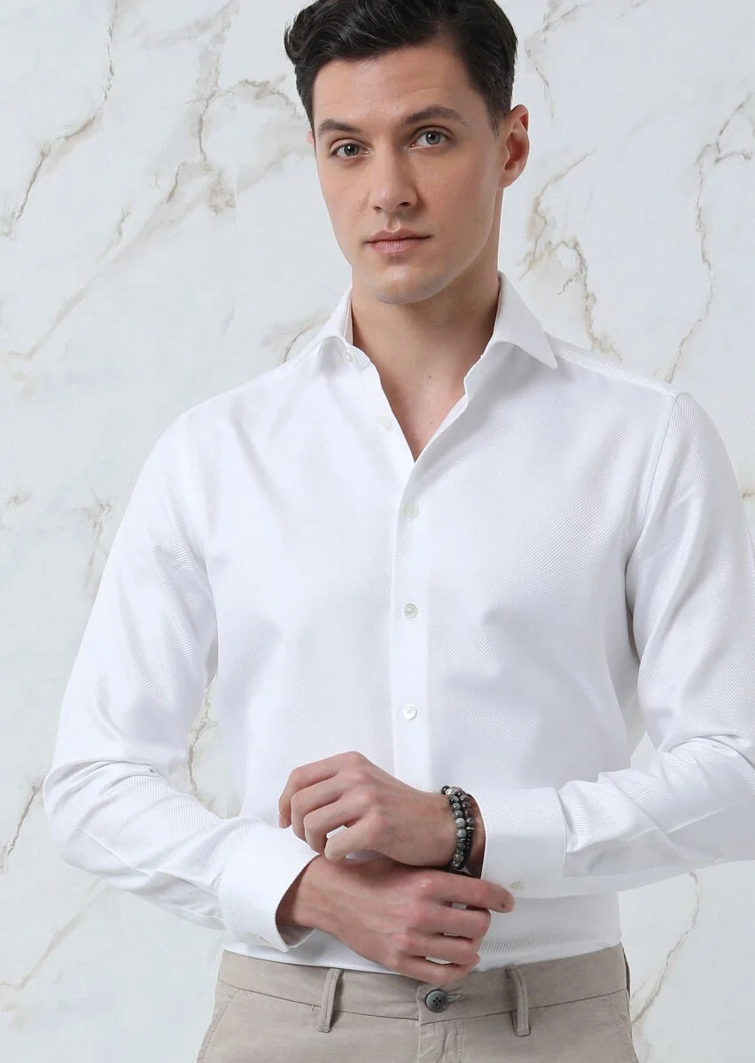 White Plain Regular Fit Weaving Classical 100% Cotton Shirt - 4