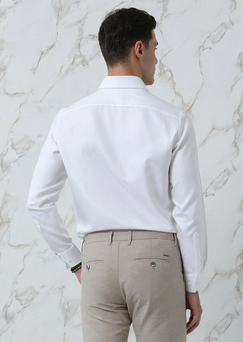 White Plain Regular Fit Weaving Classical 100% Cotton Shirt - 5