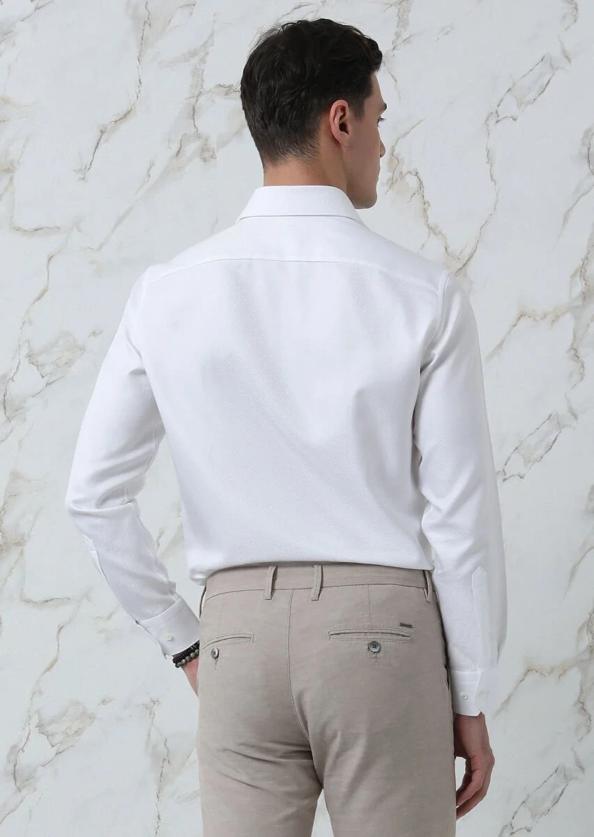White Plain Regular Fit Weaving Classical 100% Cotton Shirt - 5