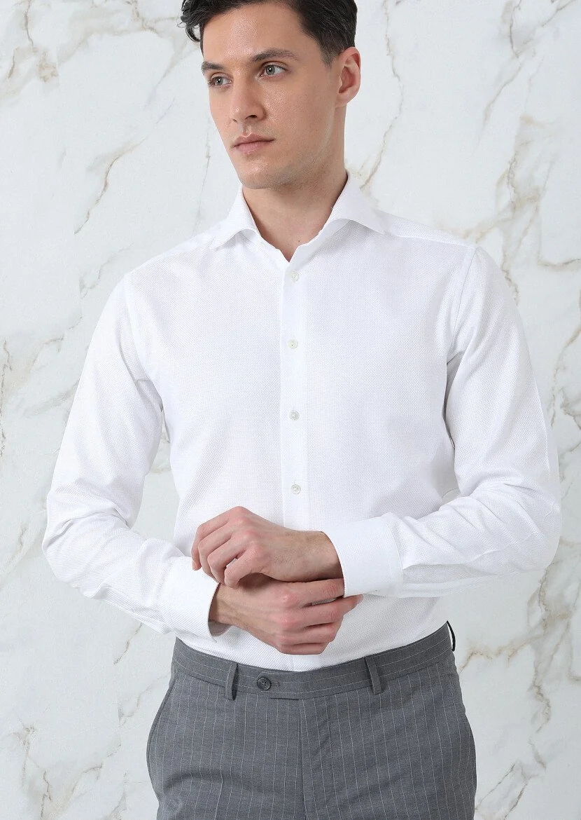White Plain Regular Fit Weaving Classical 100% Cotton Shirt - 3