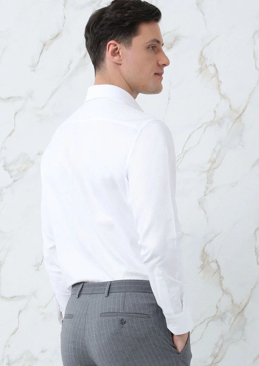 White Plain Regular Fit Weaving Classical 100% Cotton Shirt - 5