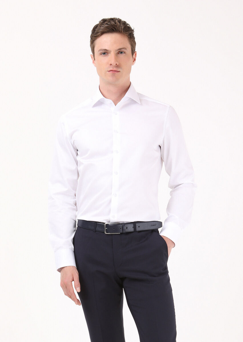 White Plain Regular Fit Weaving Classical 100% Cotton Shirt - 1