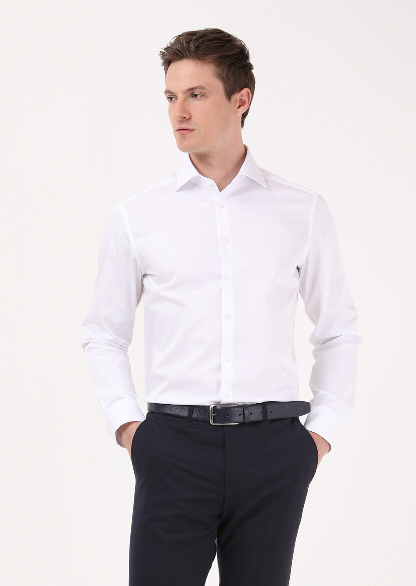 White Plain Regular Fit Weaving Classical 100% Cotton Shirt - 3