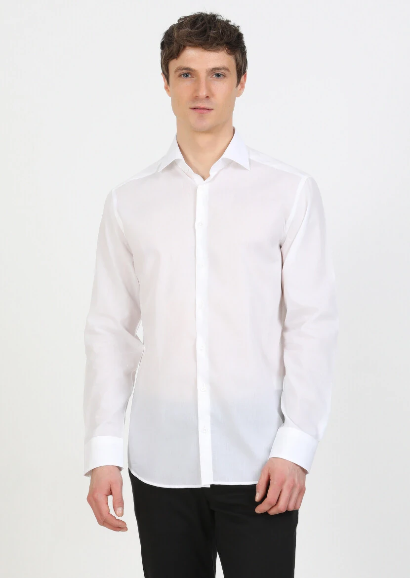 White Plain Regular Fit Weaving Classical 100% Cotton Shirt - 1