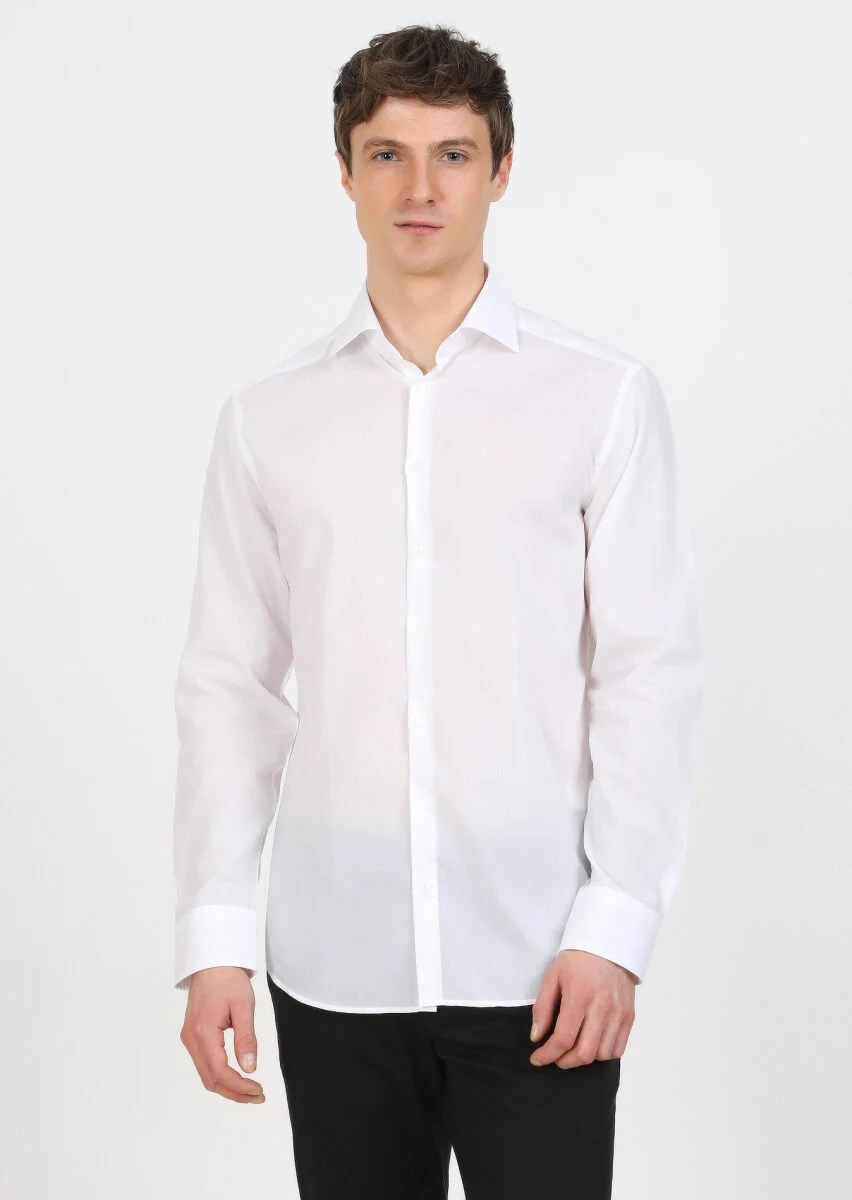 White Plain Regular Fit Weaving Classical 100% Cotton Shirt - 1