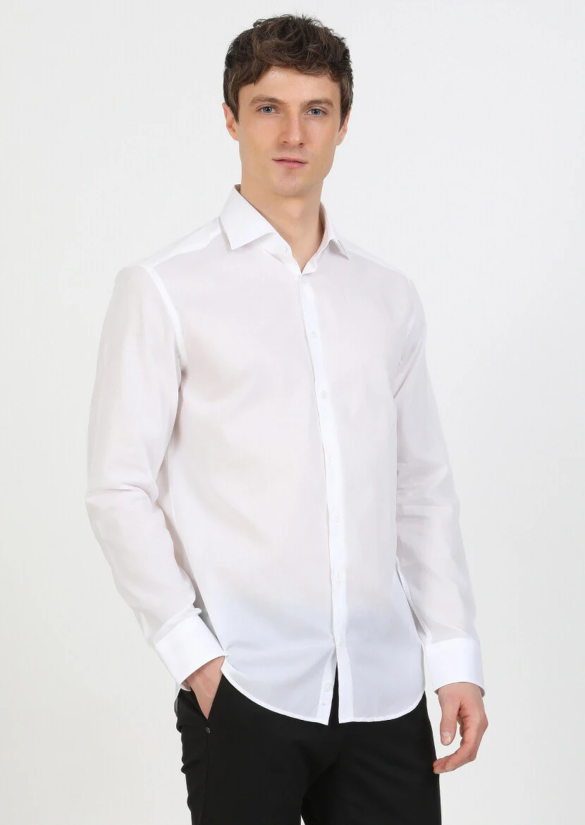 White Plain Regular Fit Weaving Classical 100% Cotton Shirt - 2