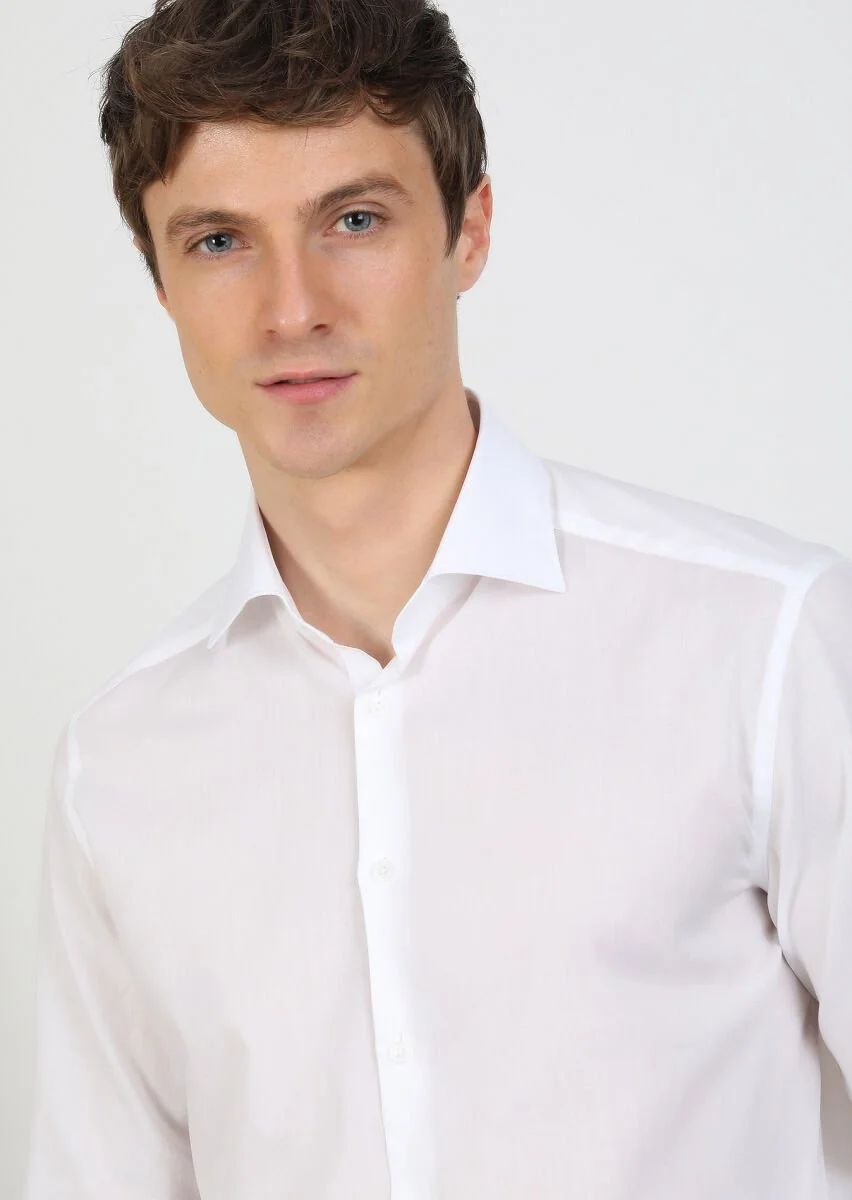 White Plain Regular Fit Weaving Classical 100% Cotton Shirt - 3