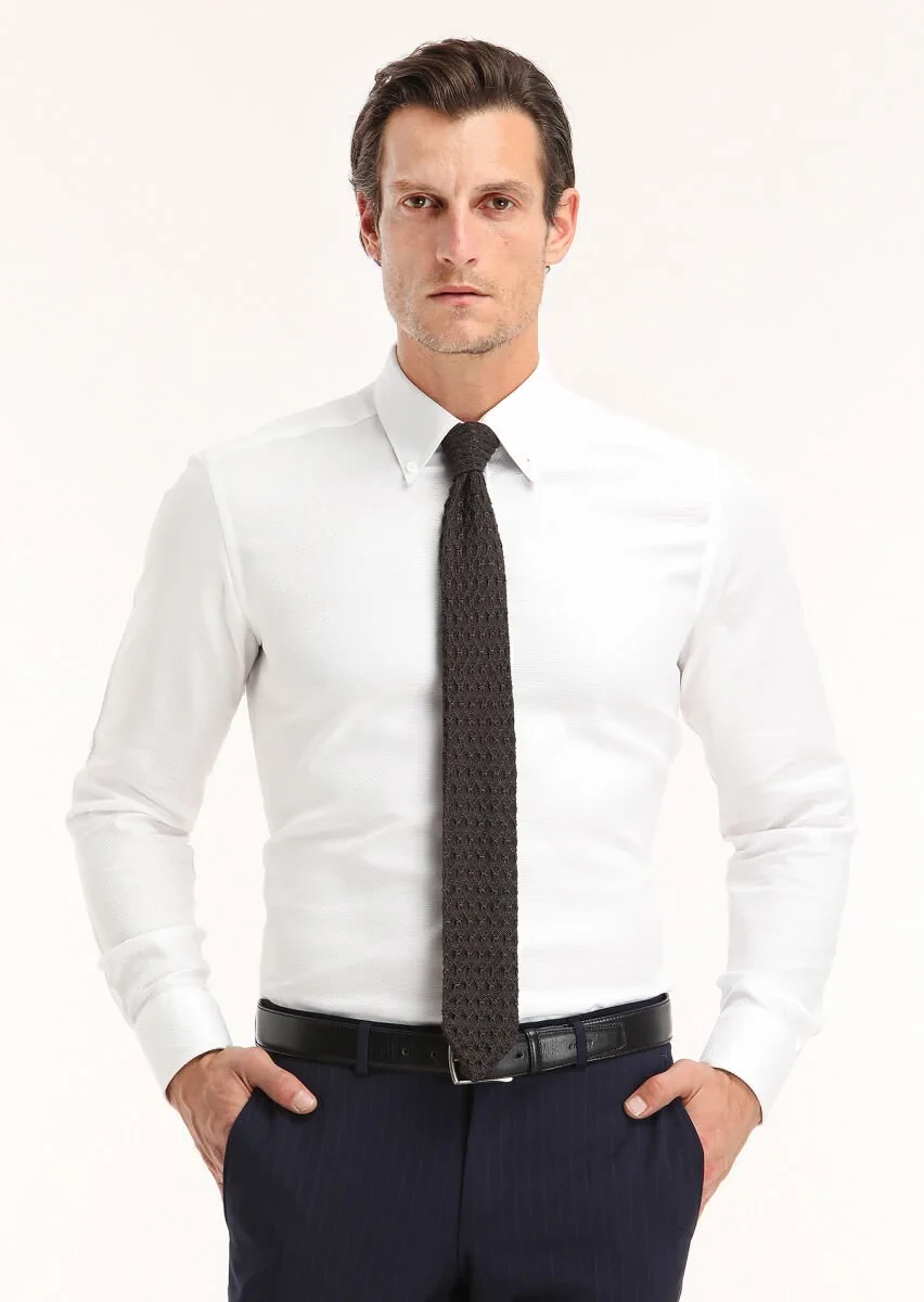 White Plain Regular Fit Weaving Classical 100% Cotton Shirt - 2