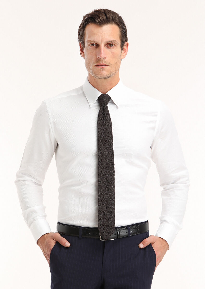 White Plain Regular Fit Weaving Classical 100% Cotton Shirt - 2