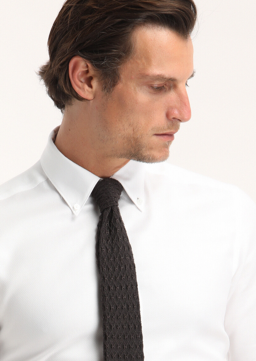 White Plain Regular Fit Weaving Classical 100% Cotton Shirt - 3