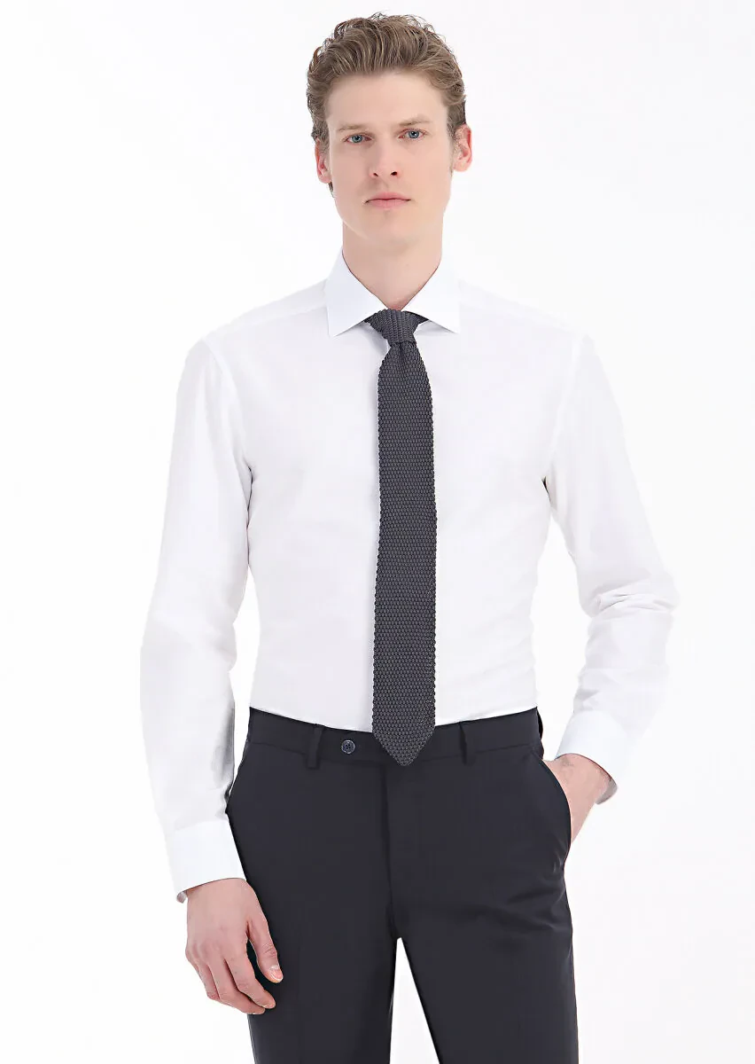 White Plain Regular Fit Weaving Classical 100% Cotton Shirt - 2