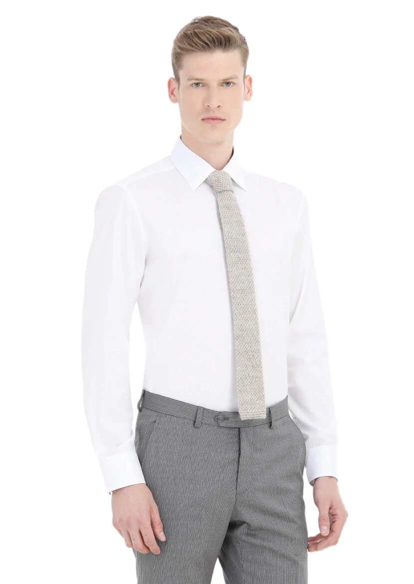 White Plain Regular Fit Weaving Classical 100% Cotton Shirt - 2